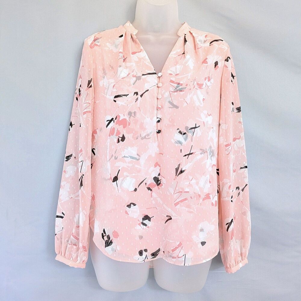 White House Black Market Pink Floral Clip Dot Blouse V-Neck Size 0 Long Sleeve